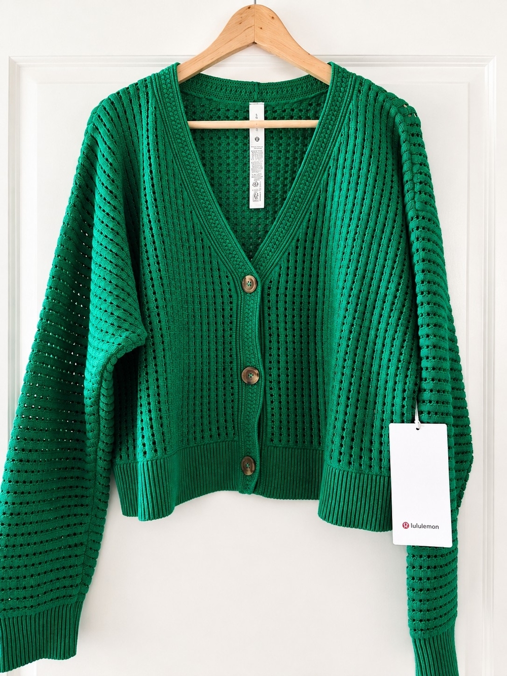 NWT Lululemon Cotton Crochet Mesh Relaxed-Fit Cardigan Emerald Green Size Large